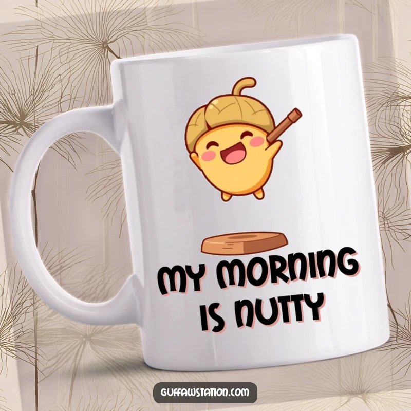 Funny mug shows a determined acorn happily launching from a slingshot, embodying excitement and a forward-moving spirit.