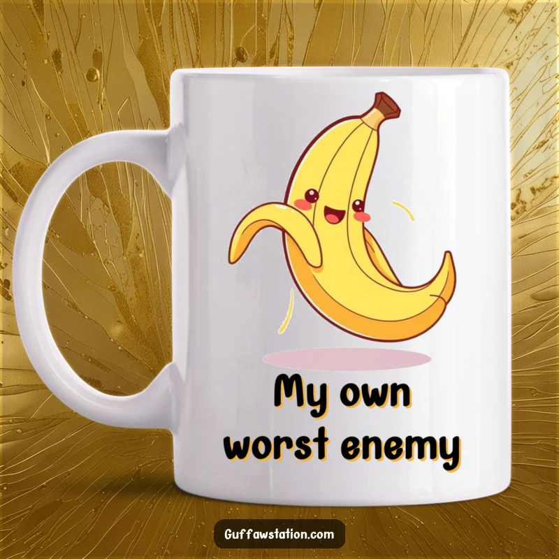 Funny mug showing a cute, anthropomorphic banana peel comically slipping on its own discarded peel, arms flailing.