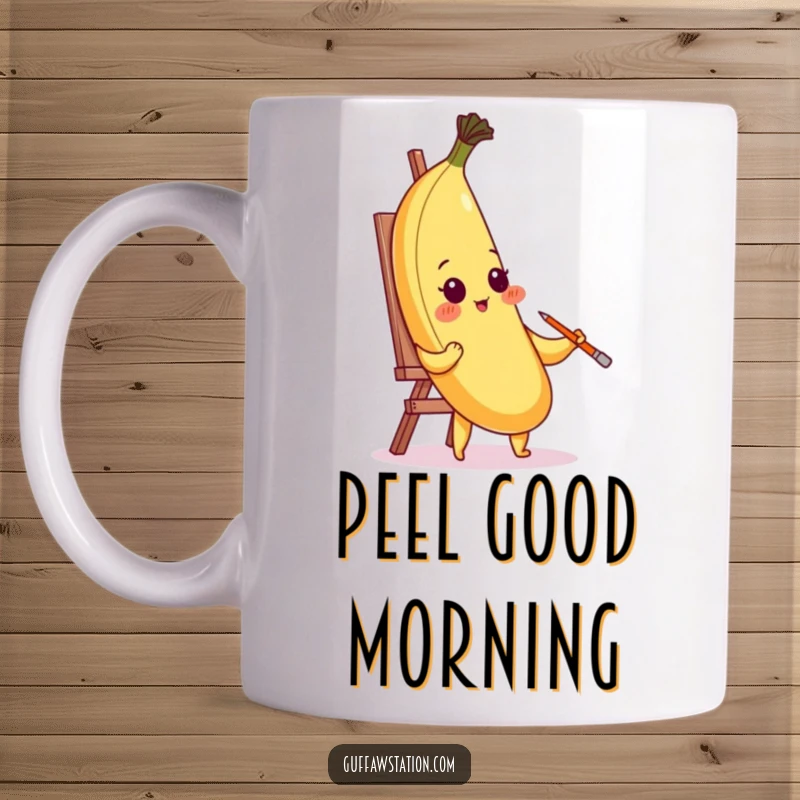 Funny blushing banana character awkwardly painting a self-portrait using its own peel on a mug, conveying artistic struggle.