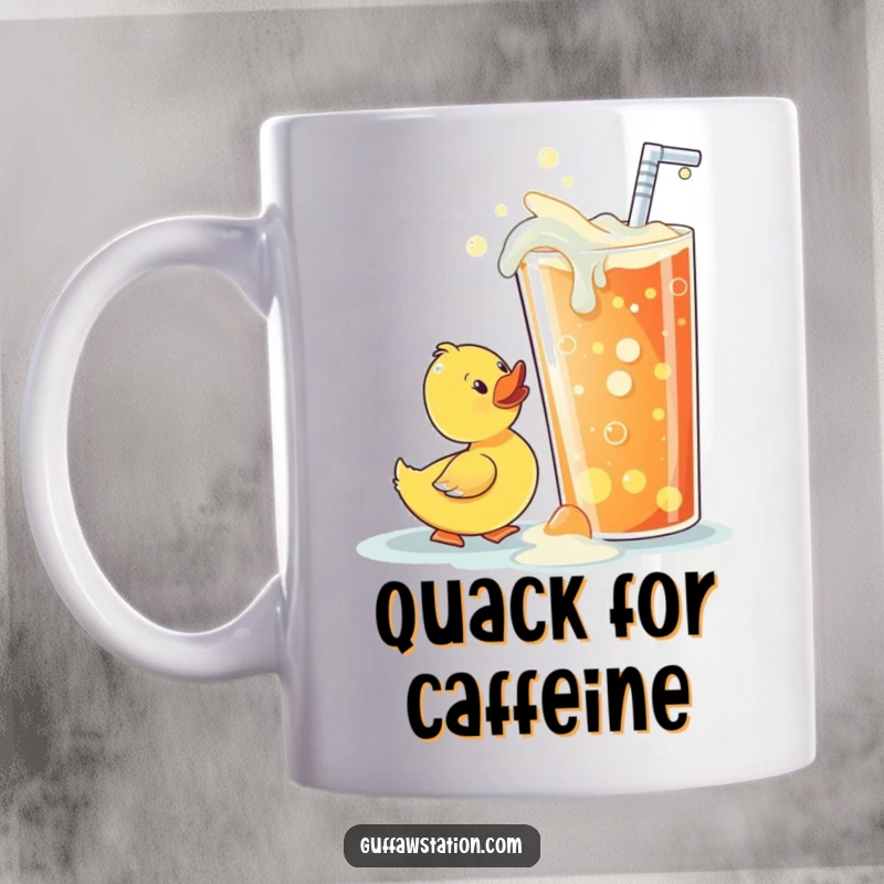 Funny rubber ducky mug desperately sipping from a giant overflowing soda, capturing a moment of pure, comical thirst.