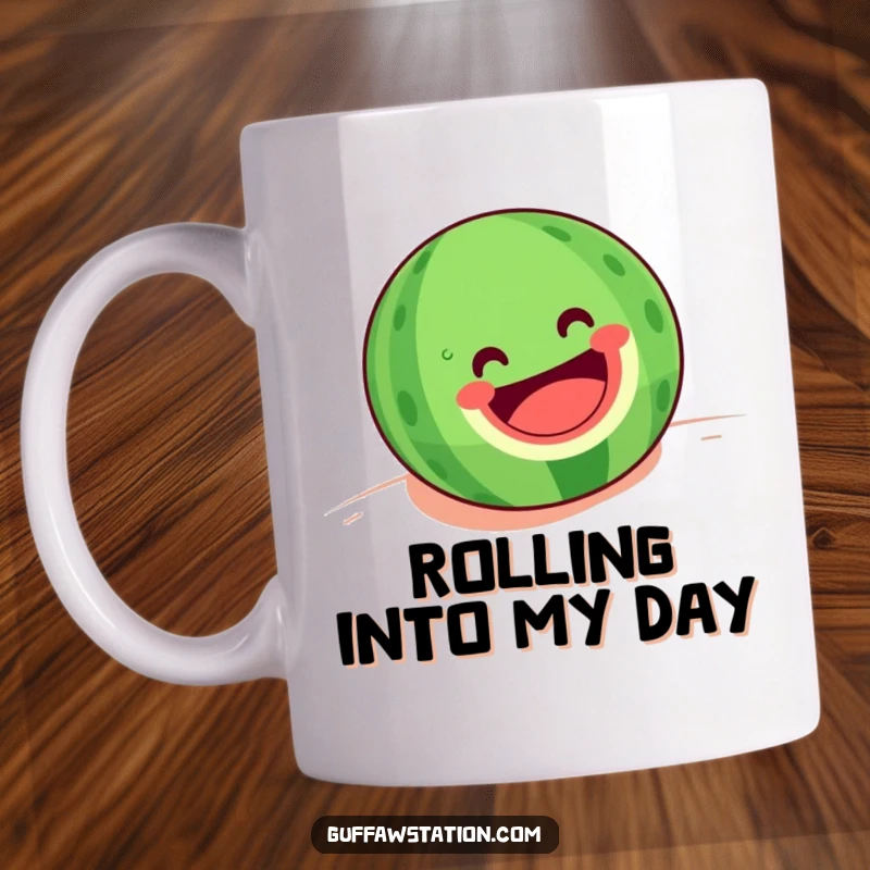 Funny mug depicting a happy watermelon with a wide grin rolling downhill, evoking feelings of joy and summer fun.