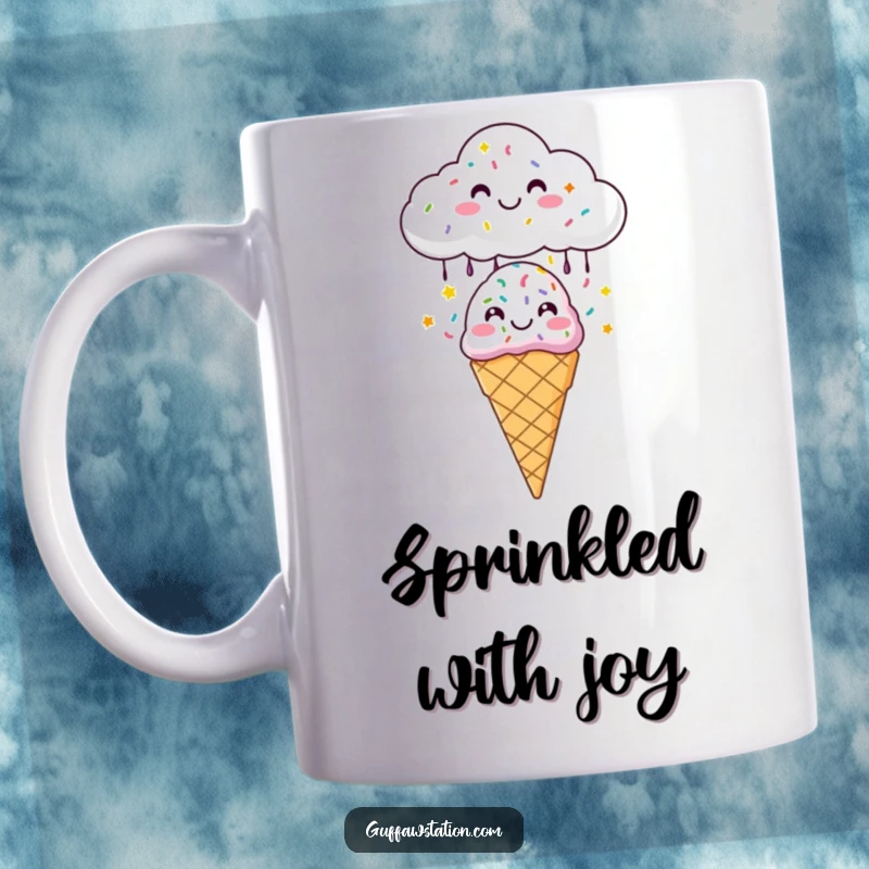 Funny mug showing a happy cloud raining colorful sprinkles onto a smiling ice cream cone, evoking pure joy and sweetness.