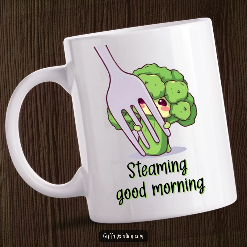 Funny mug with a shy broccoli floret character peeking out from behind a giant fork, adorably hiding and comical.