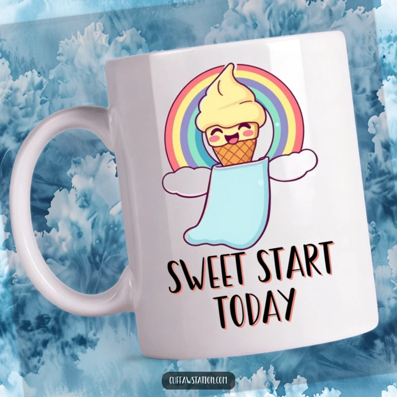 Funny ice cream cone mug showing a giggling cone sliding down a rainbow chute, a joyful and sweet illustration.