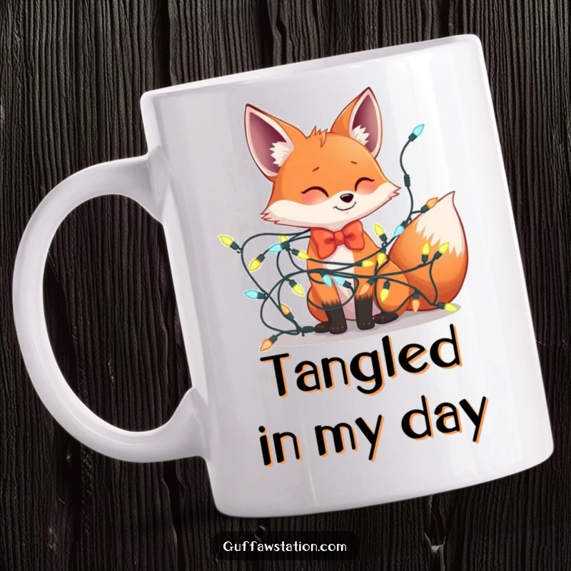 Funny mug showing a fox in a bowtie tangled in a giant string of colorful festive lights, a comical holiday scene.