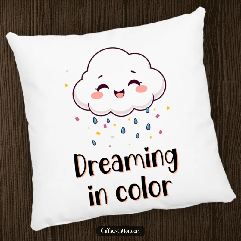Funny smiling cloud raining confetti, a soft and humorous decorative pillow for cheerful rooms.