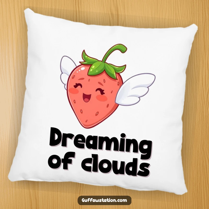 Funny pillow featuring a delighted strawberry with tiny wings, looking ready to fly, perfect for comfort.