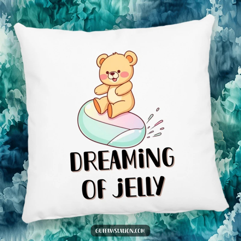 Funny pillow showcasing a happy teddy bear surfing a jelly bean, offering comfort and a humorous, whimsical touch.