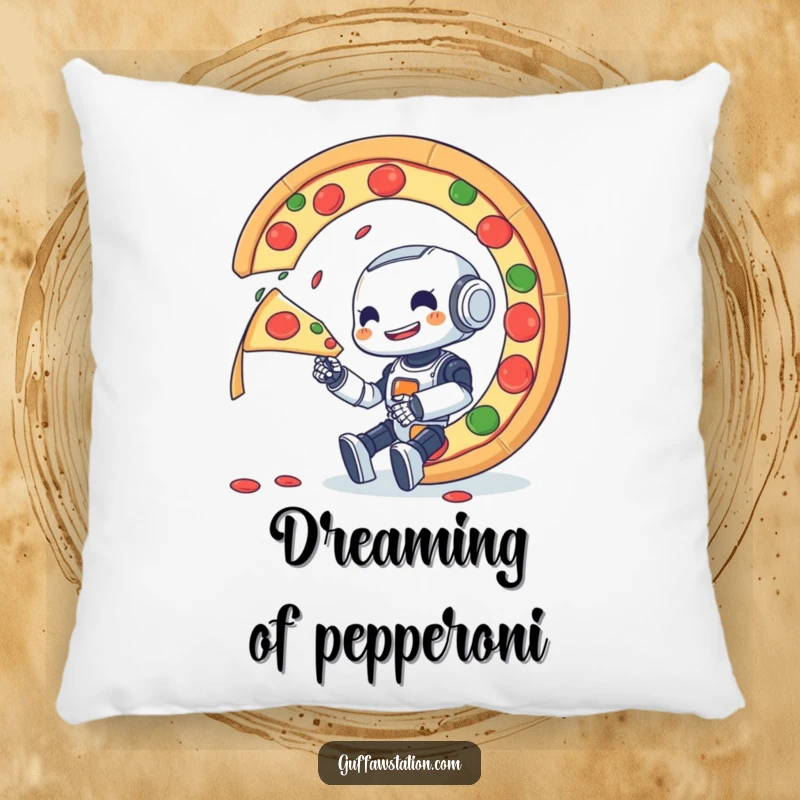 Funny pillow featuring a small robot happily engaged in eating a massive, spinning pizza, soft and amusing.