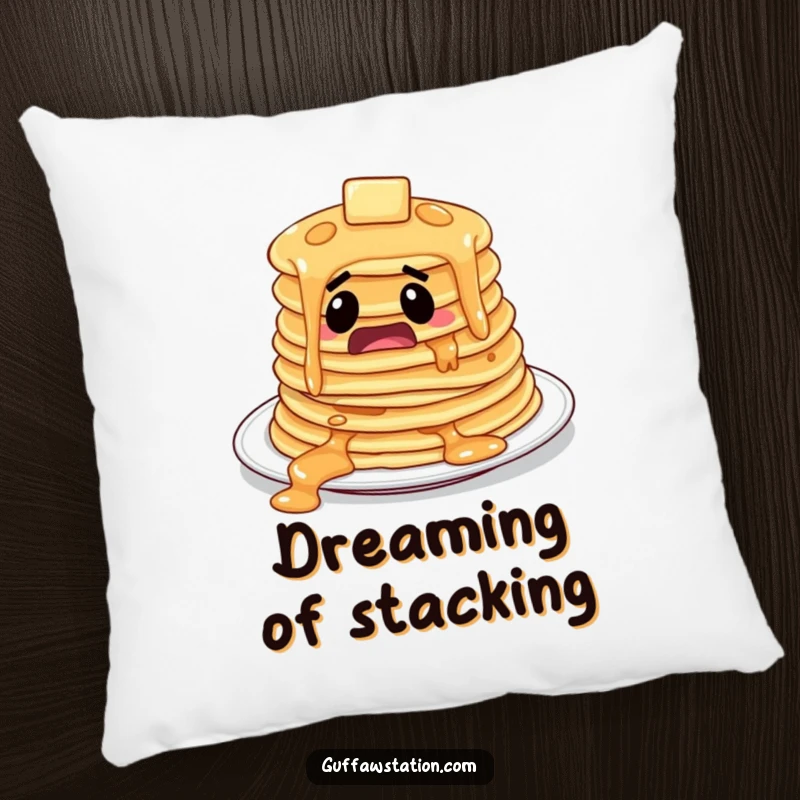 Funny startled pancakes sliding off a plate, a soft and funny pillow for decor.