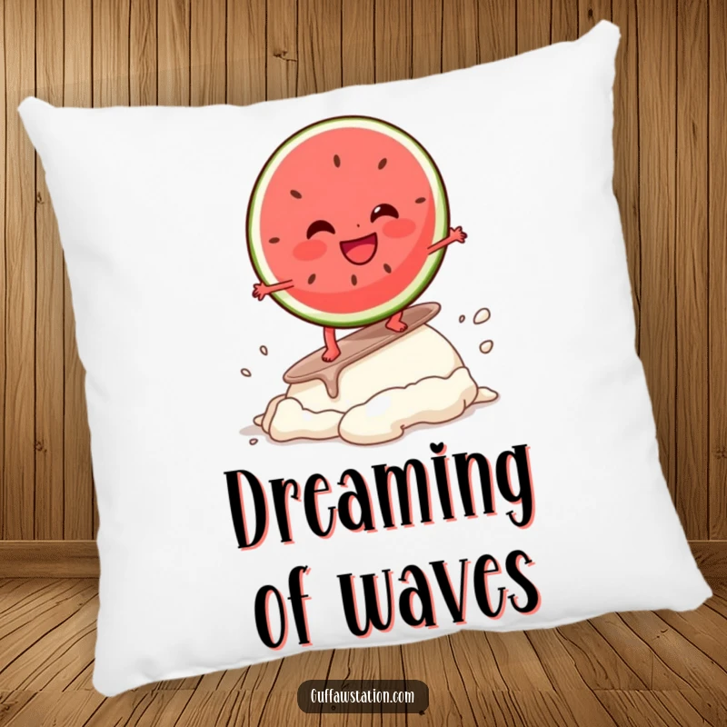 Funny pillow showcasing a giggling watermelon slice character surfing on melting ice cream, offering comfort and humorous decor element.