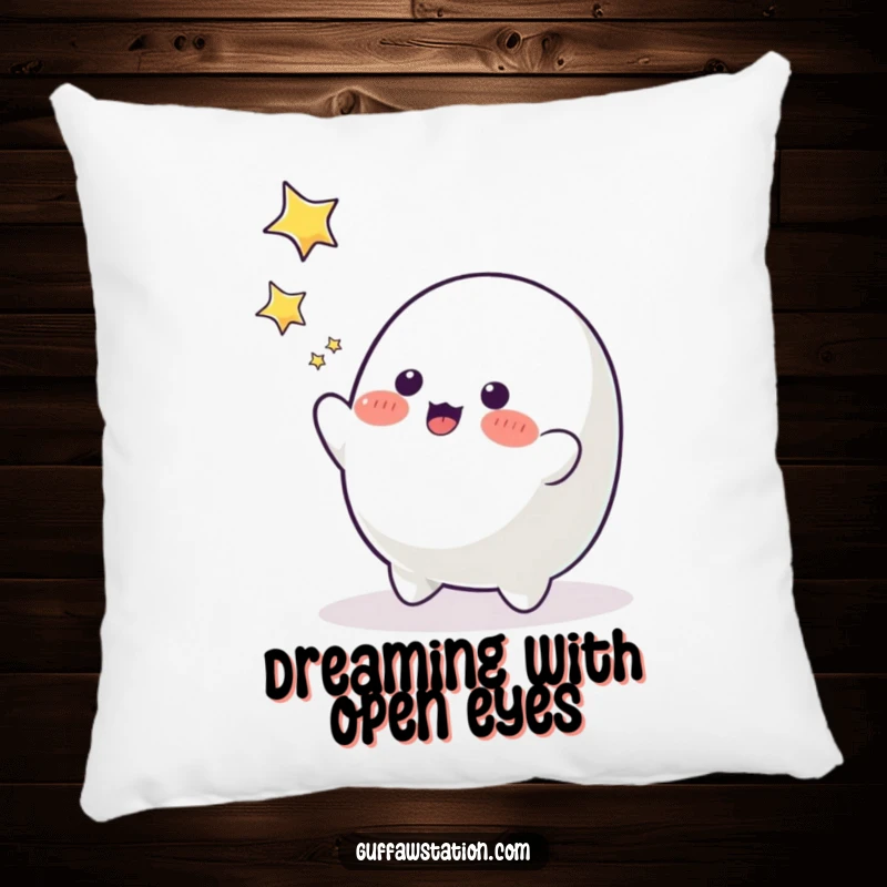 Funny blob character reaching for falling stars, a soft and humorous decorative pillow.