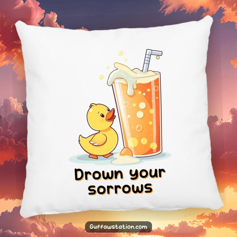 Funny rubber ducky pillow, comically attempting to sip from a huge, overflowing soda, adding a touch of whimsy to comfort.