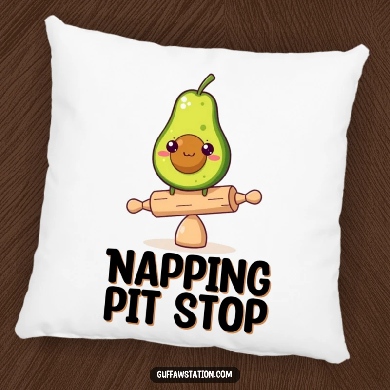 Funny and soft pillow featuring a determined avocado balancing on a tiny rolling pin, adding humorous resilience to any room.