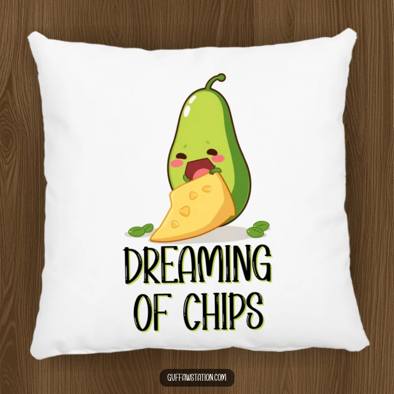 Funny pillow depicting a determined avocado climbing a giant tortilla chip, adding a humorous and comfortable foodie accent.