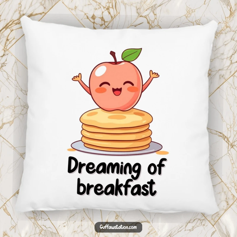 Funny pillow featuring a shy, blushing apple balancing on a stack of pancakes. Soft, comfortable, and humorously cute design.