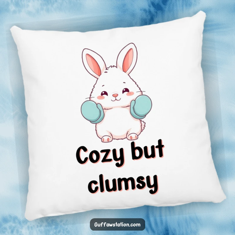 Funny pillow featuring a fluffy bunny accidentally wearing oven mitts as mittens, providing comfort with a humorous and endearing baking theme.