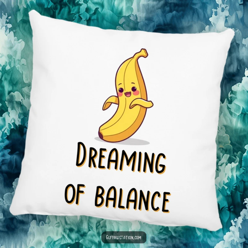 Funny pillow showing a clumsy banana peeling itself and then slipping on its own peel, a soft and humorous decor item.