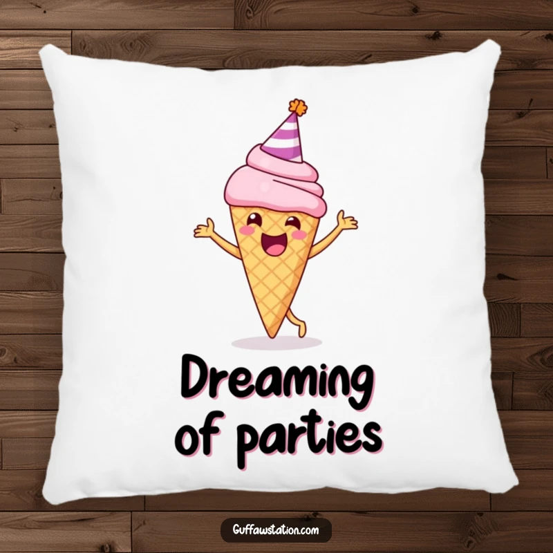 Funny pillow showing a delighted ice cream cone in a party hat, happily dancing, a soft and festive decor item.