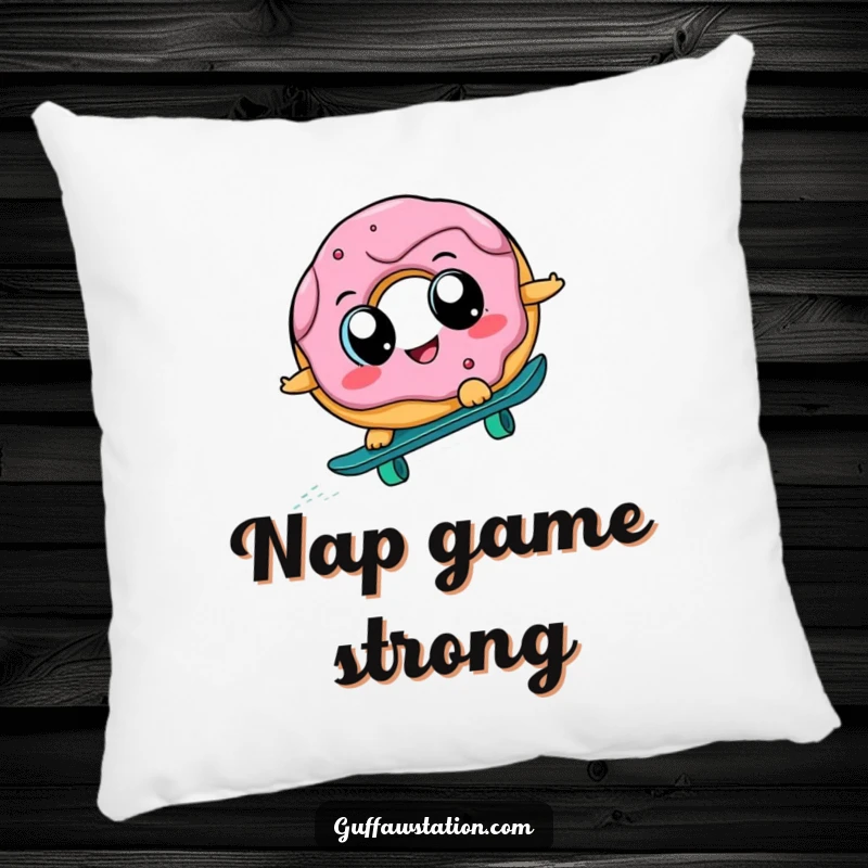 Funny skateboarding donut with big eyes, plush and decorative pillow, perfect for adding a humorous and comfortable accent to any seating area.
