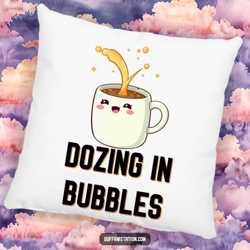 Funny pillow showing a giggling coffee mug spilling a never-ending stream of sparkling liquid, a soft and humorous decor item.