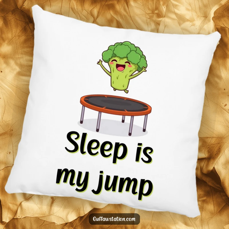 Funny pillow featuring a giggling broccoli launching itself from a trampoline into the air, perfect for comfort and playfulness.