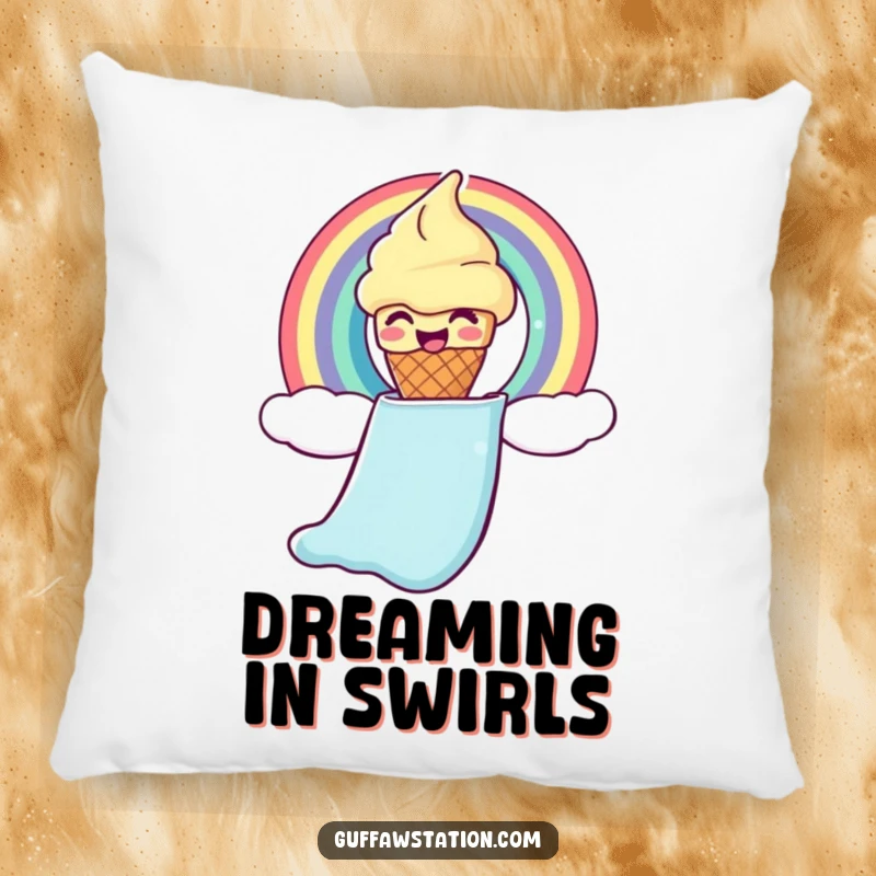 Funny ice cream pillow featuring a giggling cone sliding down a rainbow chute, soft and cheerful home decor.