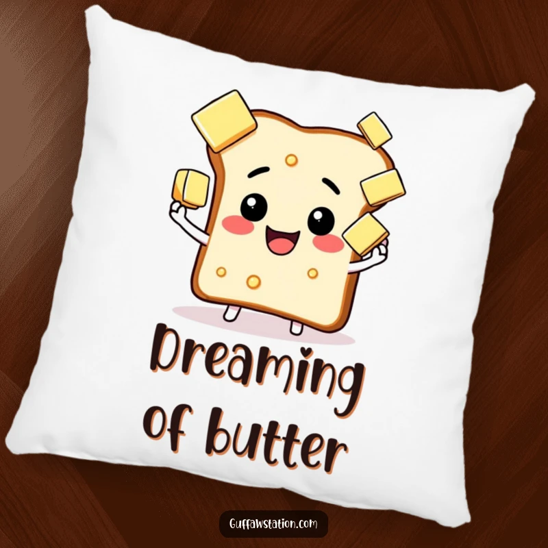 Funny happy toast juggling butter pillow, a soft cushion featuring a concentrated character, perfect for comfort.