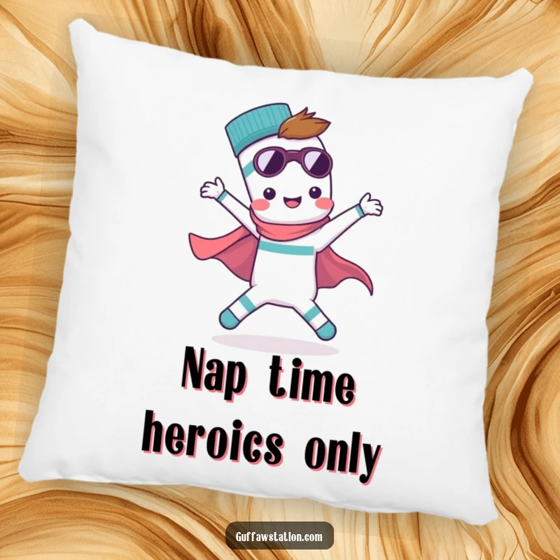 Funny pillow designed with a single, determined sock in a superhero pose, ready for action. Soft, squishy, and humorous.