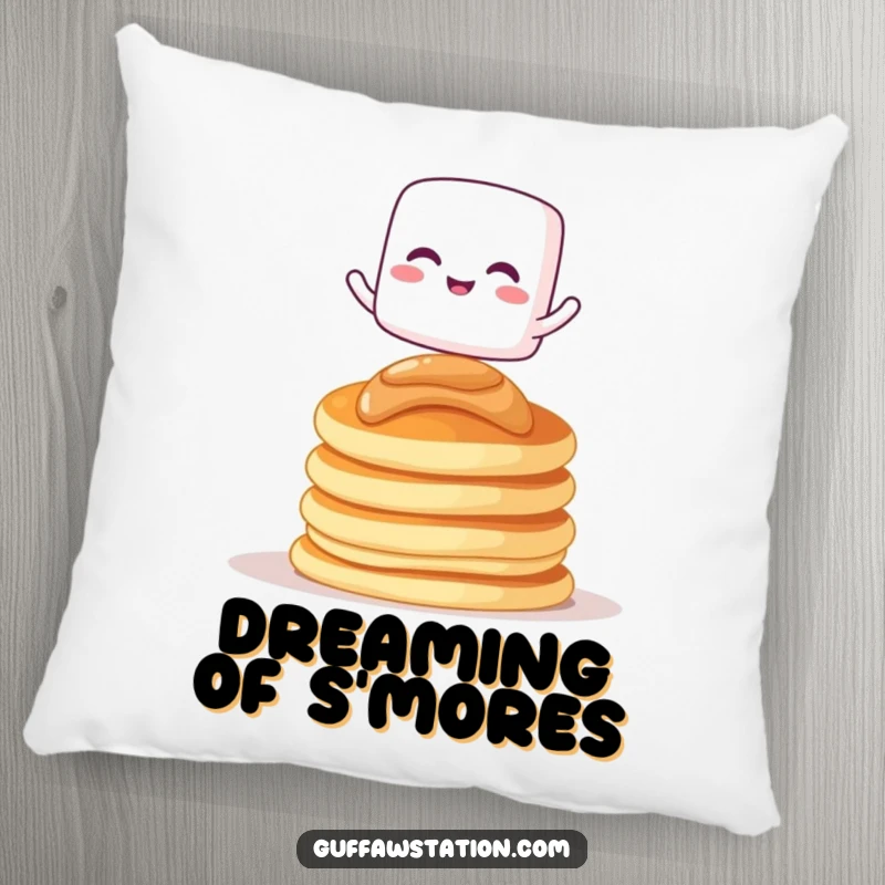 Funny pillow featuring a giggling marshmallow character balancing on pancakes, offering comfort and sweet humor.