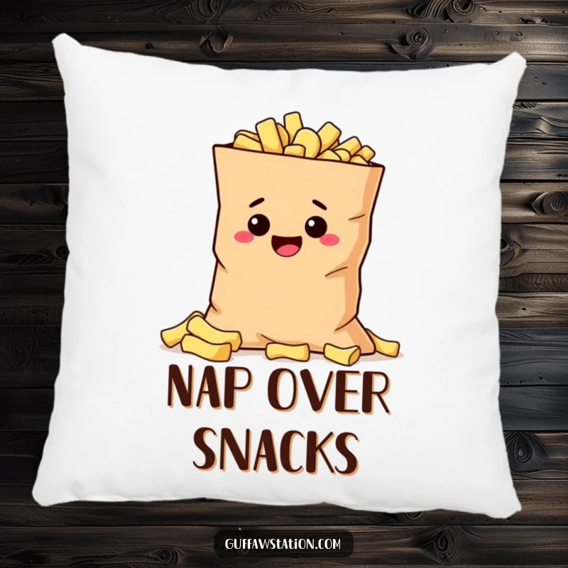Funny mischievous potato hiding behind a giant bag of chips, designed for a soft and humorous throw pillow.