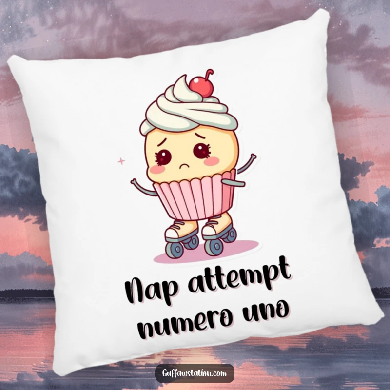Funny pillow featuring a bewildered cupcake wearing roller skates, looking unsure as it wobbles, perfect for comfort.