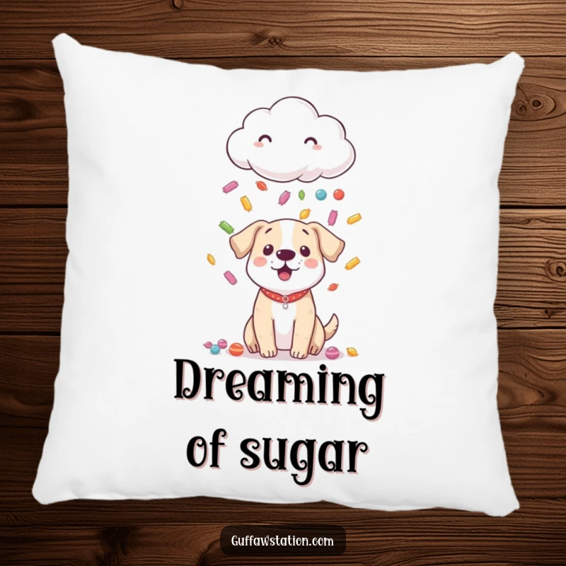Funny pillow featuring a shy cloud raining colorful candy onto a surprised, happy dog, soft and charming.