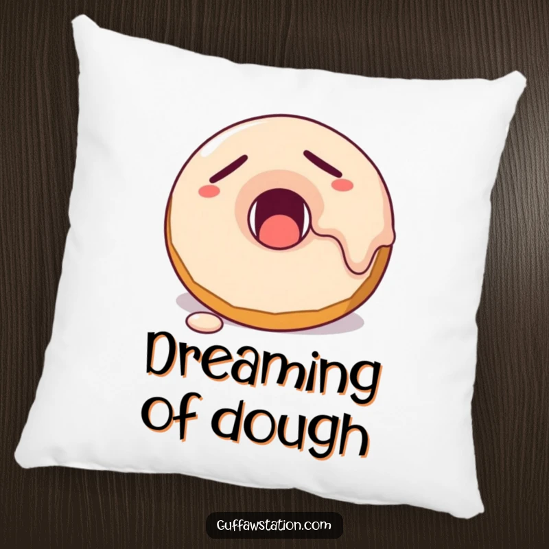 Funny sleepy donut with melting frosting yawning, designed for a soft and humorous decorative pillow.