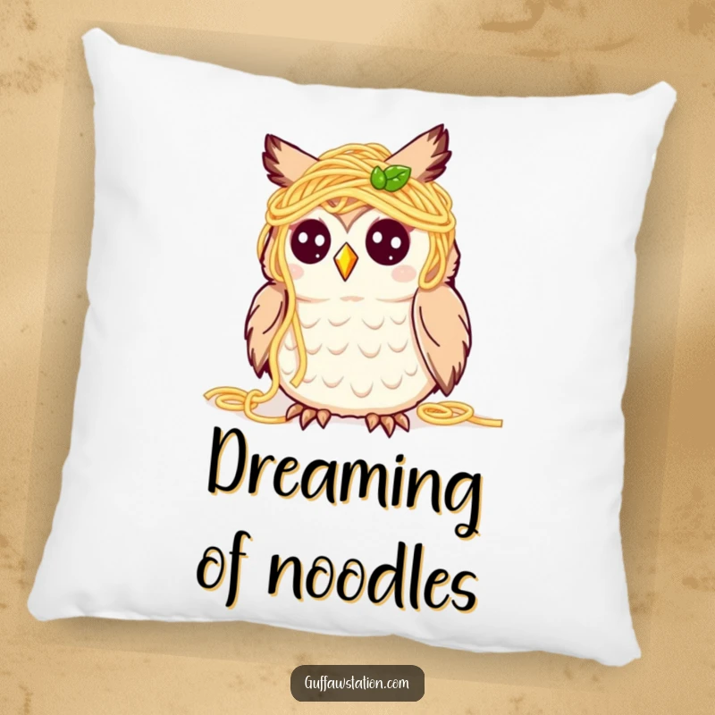 Funny pillow featuring a cute owl covered in spaghetti, looking bewildered but happy, providing comfort with a humorous and endearing food theme.