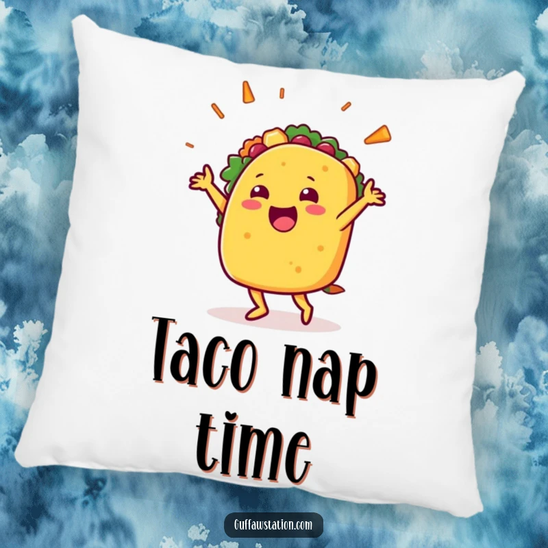 Funny pillow featuring a happy taco character doing a celebratory dance with filling flying, offering comfort and a festive decor element.
