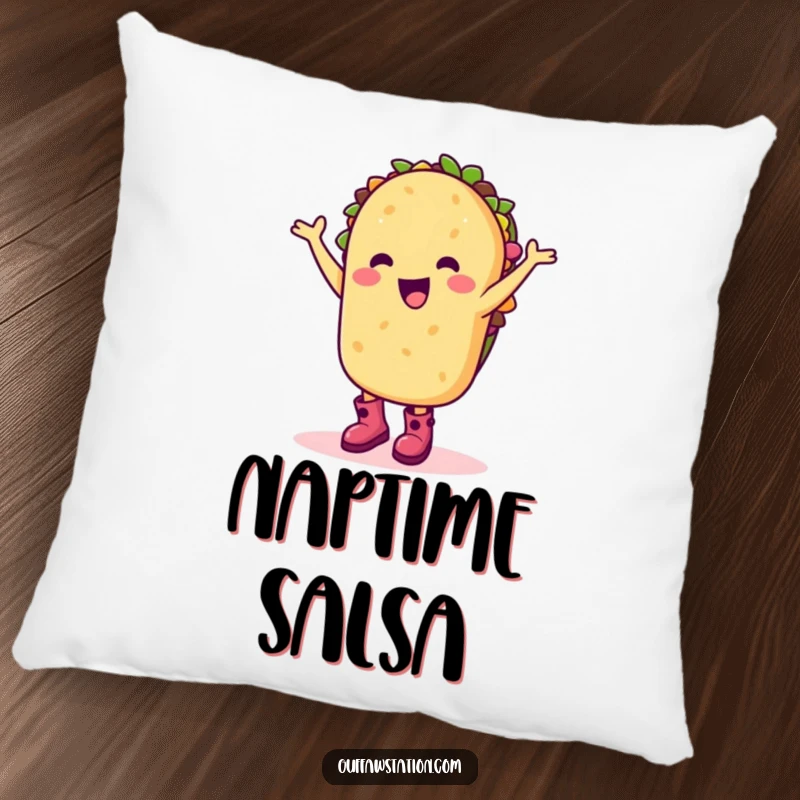 Funny pillow featuring a happy taco character in boots dancing silly, offering comfort and festive decor.