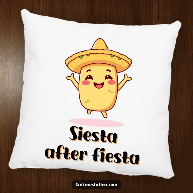 Funny pillow featuring a cheerful taco in a sombrero, doing a celebratory dance, providing comfort with a fun, festive design.