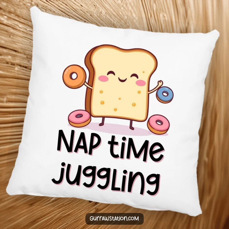 Funny pillow featuring a cheerful slice of toast juggling tiny donuts, perfect for adding comfort and fun.