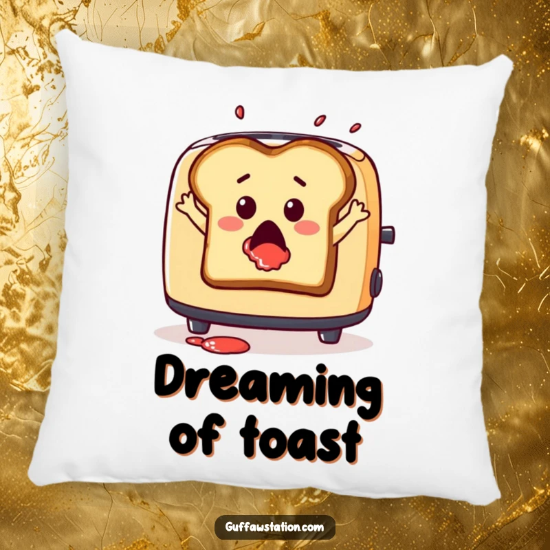 Funny pillow featuring a surprised slice of toast leaping from a toaster with jam splatter, soft and humorous.