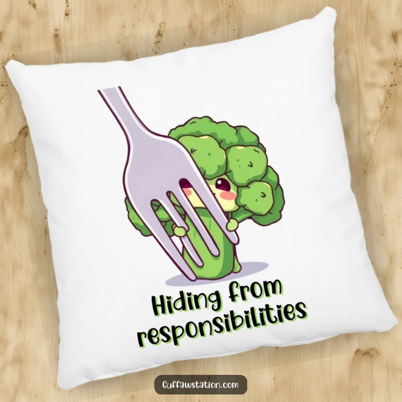 Funny pillow featuring a shy broccoli floret character peeking from behind a giant fork, perfect for cozy and humorous decor.