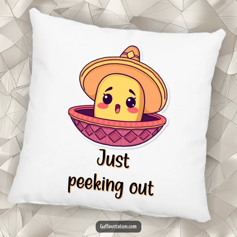 Funny pillow featuring a surprised taco head peeking out from a giant sombrero, perfect for comfort and decor.