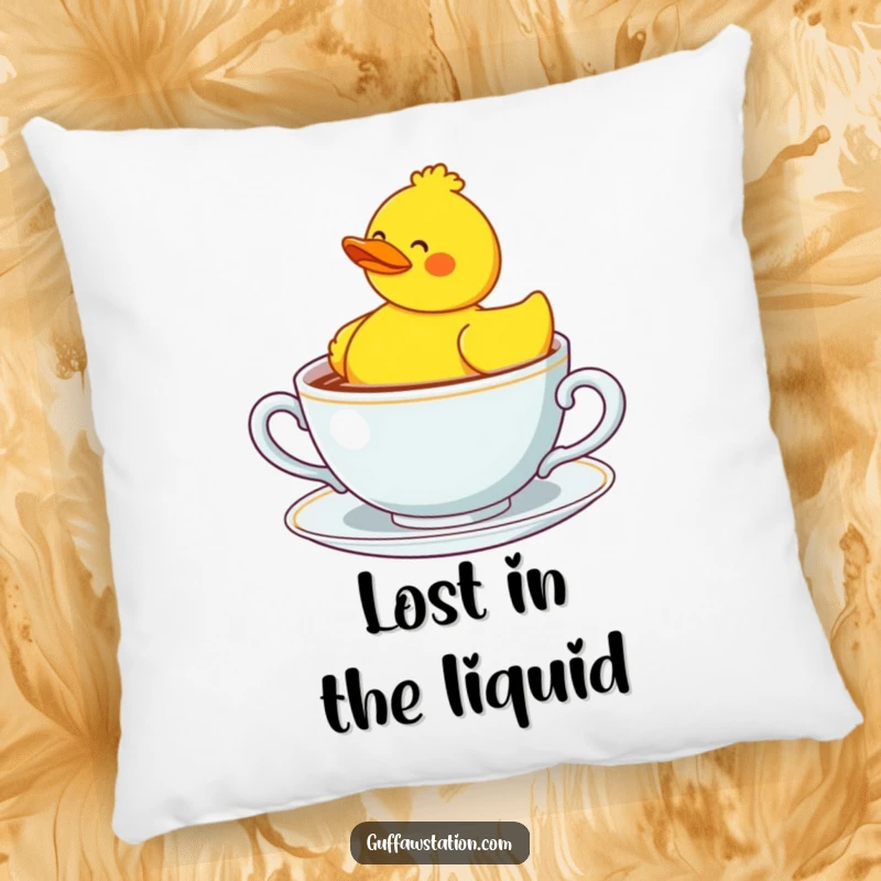 Funny rubber duck looking lost in a giant teacup, a soft and humorous decorative pillow.