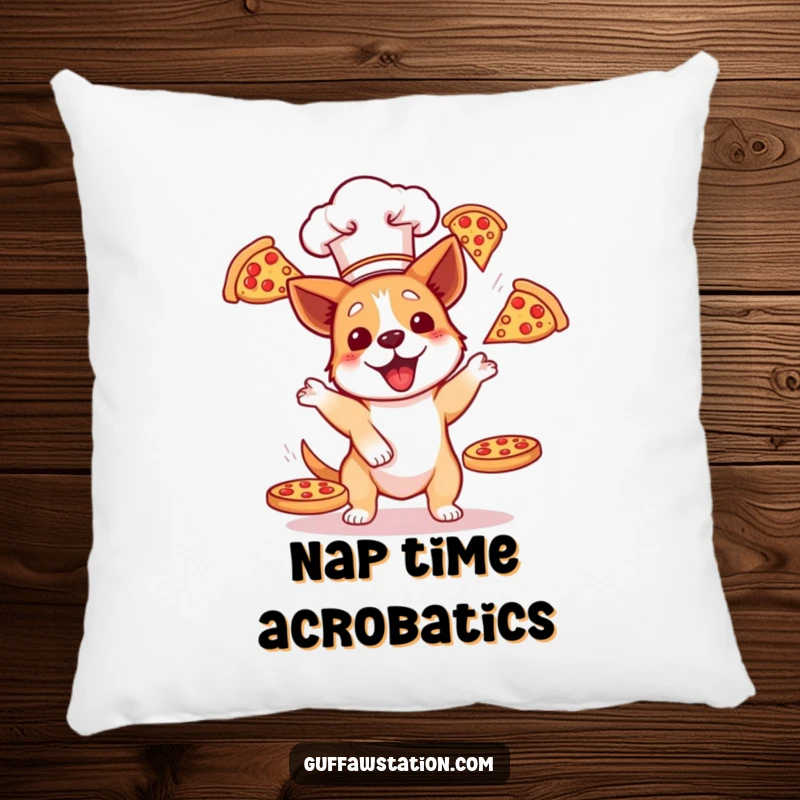 Funny plush pillow with a dog chef juggling flying pizzas, offering comfort and comedic flair for any room.