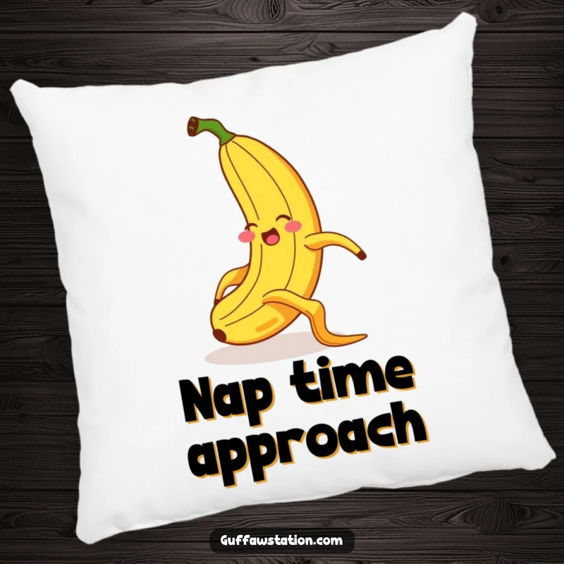 Funny pillow featuring a giggling banana dramatically slipping on a banana peel, rendered with exaggerated motion and a funny, startled expression.