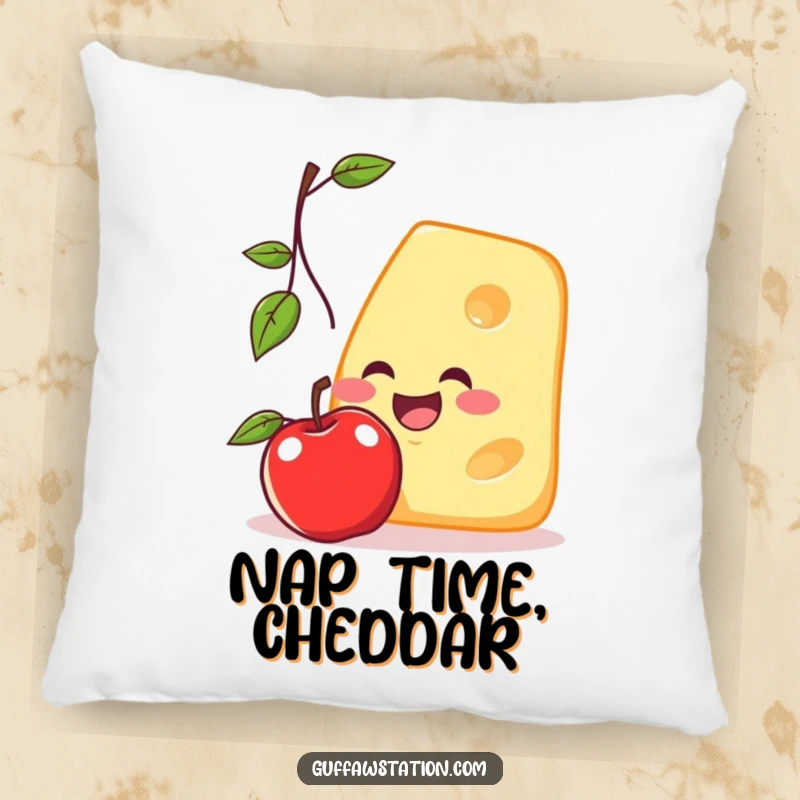 Funny pillow featuring a cheerful cheese slice attempting to catch a falling apple, providing a soft touch of cartoonish humor.