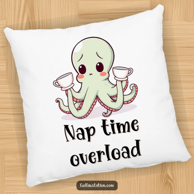 Funny surprised octopus with teacups on tentacles, a soft and funny pillow for decor.