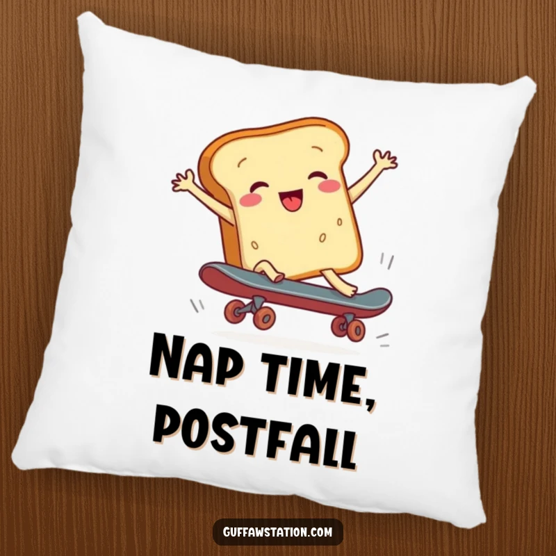 Funny pillow featuring a soft bread loaf failing at skateboarding, a cute and humorous cartoon design for comfort.