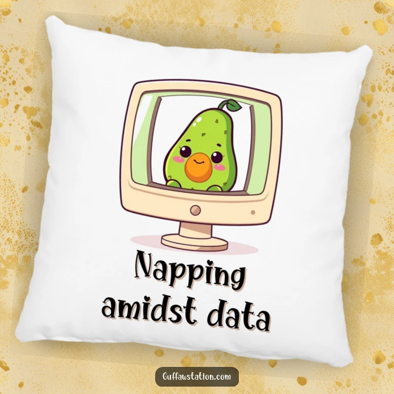 Funny pillow featuring a curious avocado peeking from a giant computer screen, offering plush comfort and tech humor.