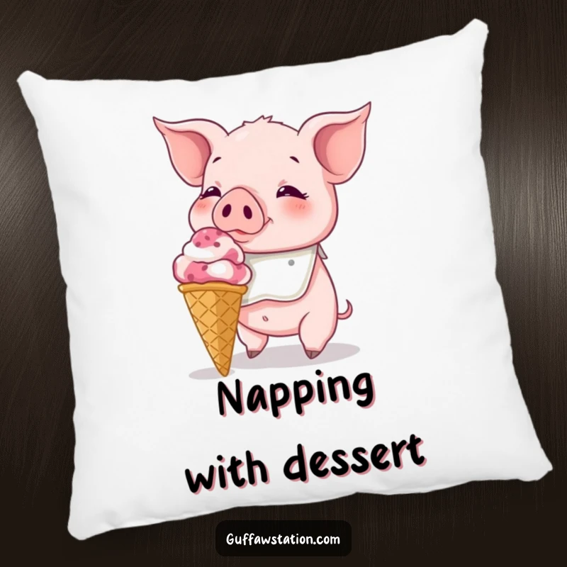 Funny Piglet Pillow: A bibbed piglet attempting to eat a huge ice cream cone, offering cozy comfort and funny sweetness.